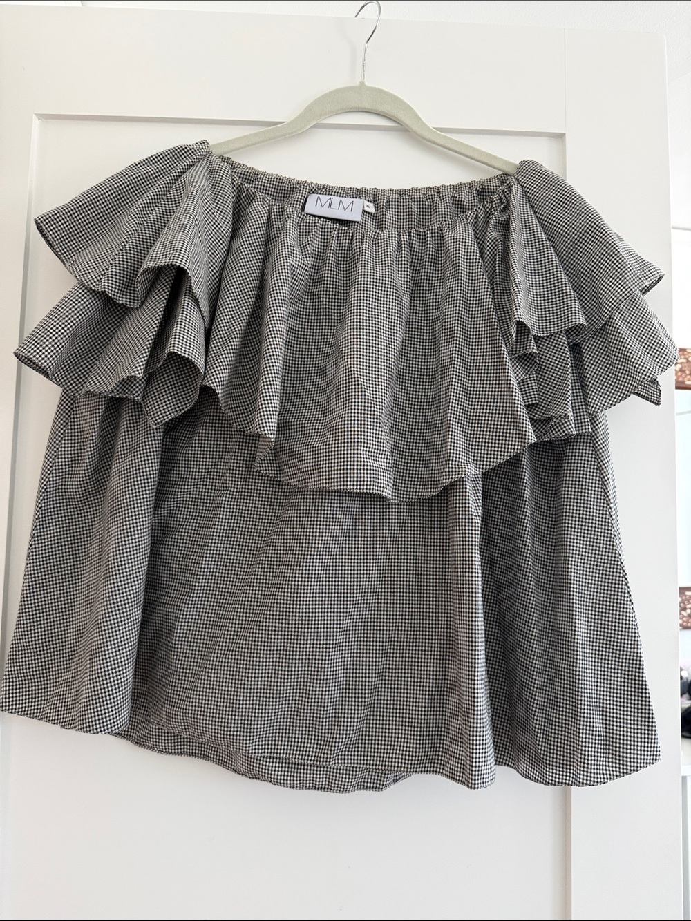 MLM Black and White Gingham Off-Shoulder Ruffle Blouse